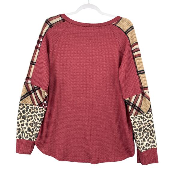 Love Kuza Pink Round Neck‎ Waffle Fabric Mixed Media Plaid Leopard Top Womens XL - Picture 2 of 6